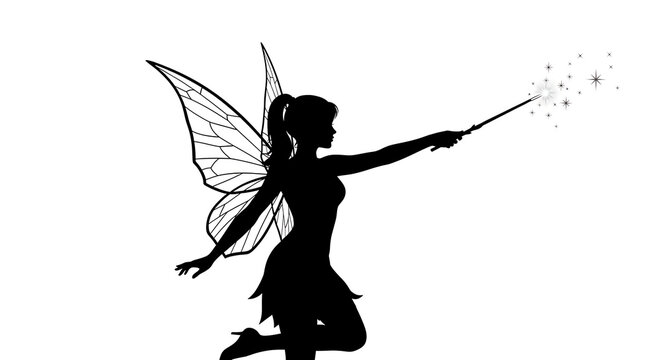 Black silhouette of a fairy with wings using a magic wand