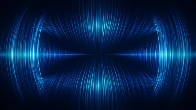 Vibrant Soundwave Energy: An abstract blue soundwave pulses with energetic lines, creating a mesmerizing symmetrical pattern against a dark background.