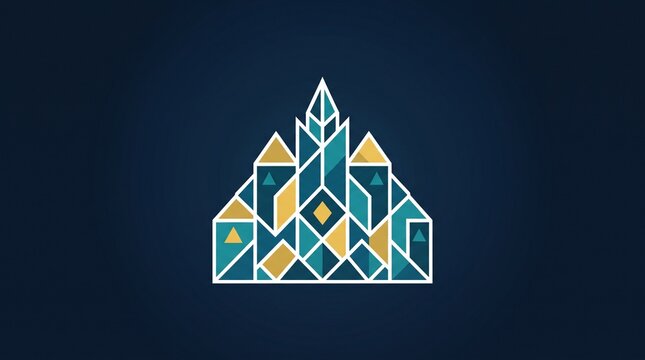 Set of abstract geometric city building logo. Modern mosaic skyline made of triangles and diamonds with blue, teal, navy and gold color palette and white outline. Minimalist flat vector business icon 