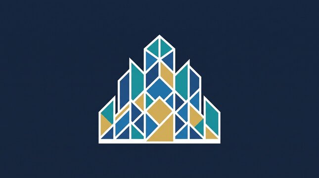 Set of abstract geometric city building logo. Modern mosaic skyline made of triangles and diamonds with blue, teal, navy and gold color palette and white outline. Minimalist flat vector business icon 