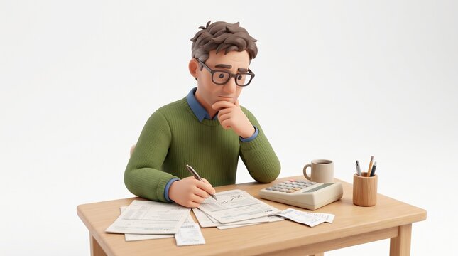 Man with glasses thoughtfully reviewing documents and using a calculator at a wooden desk with a coffee mug and pens