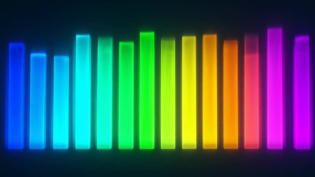 Vibrant Sound Wave Visualization: An abstract representation of a sound wave or equalizer, depicted as a series of glowing vertical bars in a spectrum of rainbow colors against a dark background.