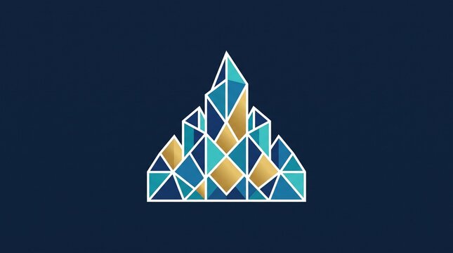 Set of abstract geometric city building logo. Modern mosaic skyline made of triangles and diamonds with blue, teal, navy and gold color palette and white outline. Minimalist flat vector business icon 