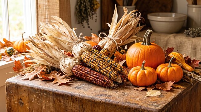 Thanksgiving pumpkin harvest photo with corn and autumn leaves on wooden table