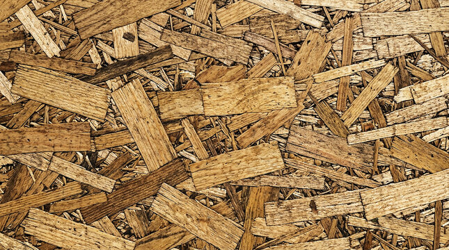 Rough Industrial OSB (Oriented Strand Board) Wood Texture Background. Detailed Surface of Compressed Timber Material for Construction and Design.