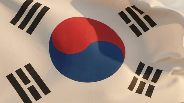 Close-up of the South Korean flag, also known as Taegeukgi, waving in the wind, symbolizing national pride and identity.