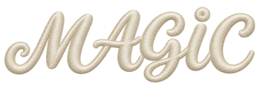 Embroidered word magic in a cursive script font with a realistic textured fabric stitch effect