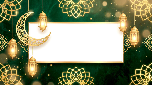 Islamic ramadan kareem greeting card with golden lanterns and crescent