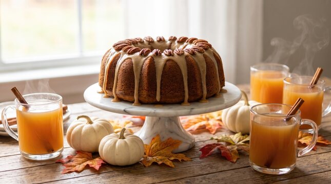 Thanksgiving bundt cake photo with spiced cider drinks, autumn pumpkins, and fall leaves
