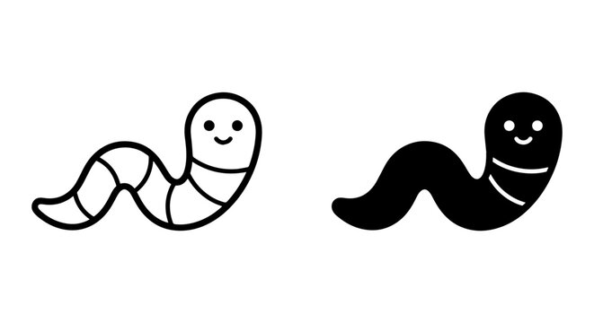 Cute Cartoon Worm Vector Icons, Simple Earthworm Illustrations, Black and White Garden Creature Graphics