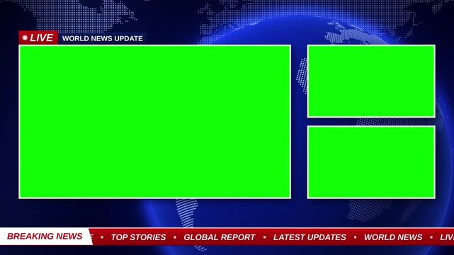 World News Broadcast Template With Three Green Screen Windows on Blue Globe Background. Live Label, Breaking News Bar and News Ticker. TV Multi Screen Layout