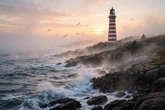 Classic red and white striped lighthouse on the rocky Maine coast at sunrise with waves crashing on granite rocks and golden morning light