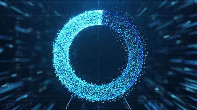 Digital Ring of Light: An abstract visualization of a glowing, particulate ring, rendered in vibrant blue against a backdrop of digital noise and blurred data streams.
