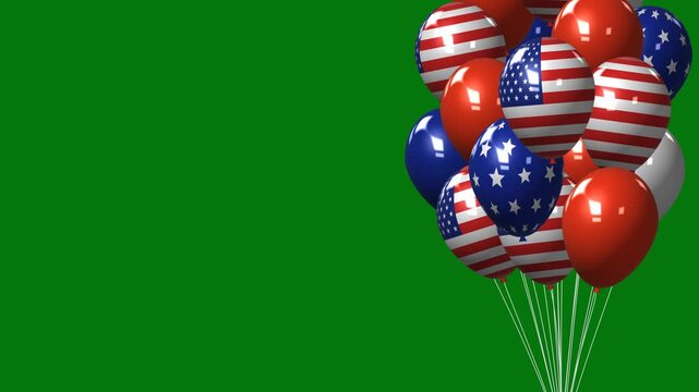 Bunch of American Flag Balloons Gently Swaying on Green Screen. Red, White and Blue Stars and Stripes Balloons With Strings. 3D Patriotic USA Celebration Chroma Key