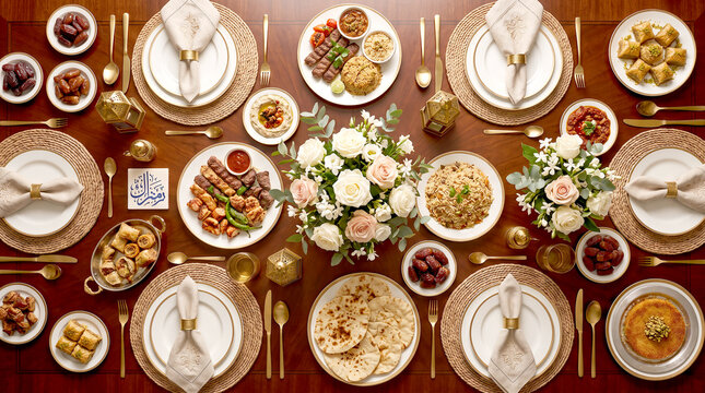 Overhead view of an elegant thanksgiving dinner table with festive food