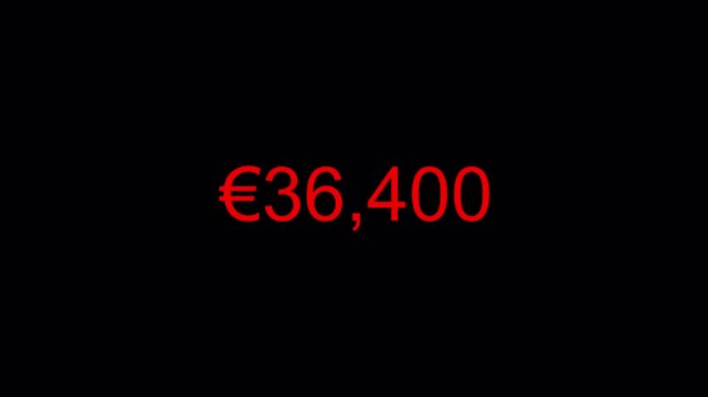 euro currency number counter animation from zero to eighty thousand on black background, 80,000 euro money number counter animation in 4k.