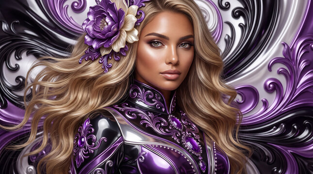Tanned blonde woman with wavy hair and purple flower wears ornate shiny purple-black gemmed metallic outfit against swirling baroque patterns