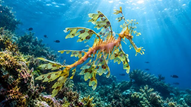 Leafy seadragon swimming over a coral reef underwater
