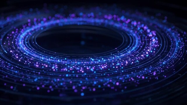 Cosmic Swirl of Light: An abstract visualization of a cosmic swirl, composed of glowing blue and purple particles in circular motion, set against a dark, mysterious background.
