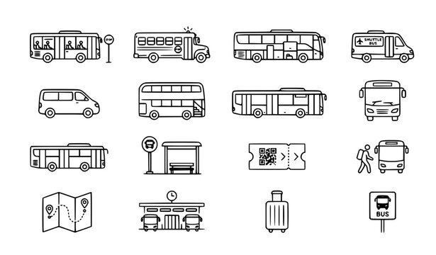 Bus Public Transport Linear Thin Line Icons Vector Set