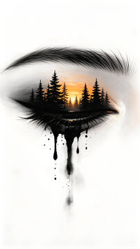 A stunning illustration that blends the beauty of pine forest silhouettes and a warm sunset into a sweep of eye makeup.