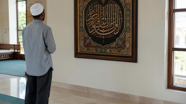 Muslim man standing inside a mosque and looking at traditional Arabic calligraphy framed artwork on the wall.