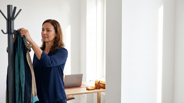 Adult woman hanging clothes on a coat rack in a bright modern home interior