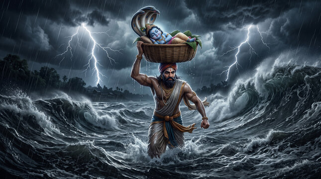 Vasudeva carrying a wicker basket on his head through the ferocious, stormy Yamuna river, midnight lightning illuminating the dark clouds