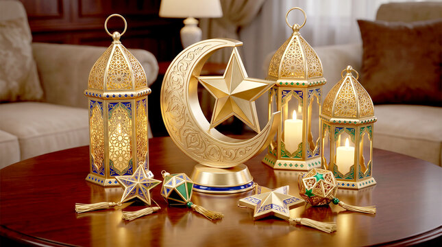 Golden ramadan lanterns and crescent moon decoration on wooden table