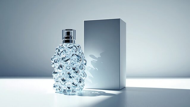 Luxury glass perfume bottle with intricate textured pattern and white blank packaging box mockup. Elegant men fragrance cologne container on bright studio background with dramatic shadows, 3D render.