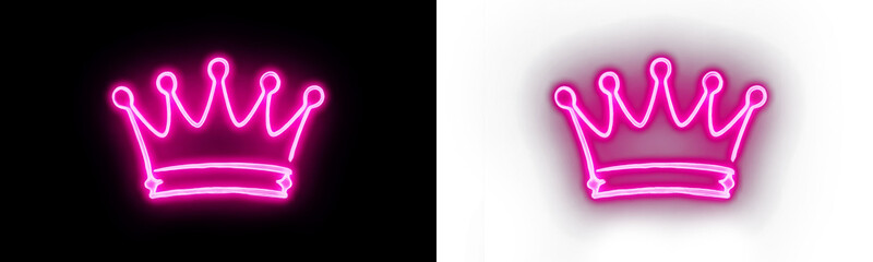 Neon pink crown sign on black and transparent backgrounds © Anwara