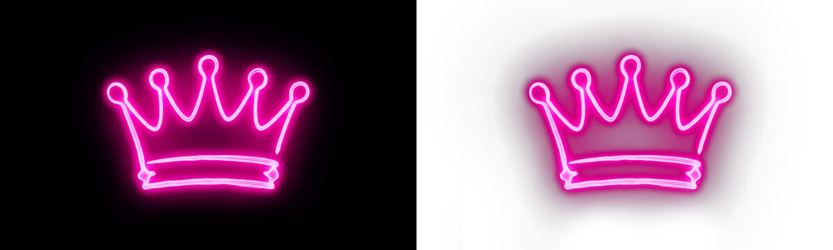 Neon pink crown sign on black and transparent backgrounds