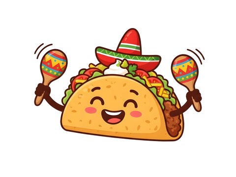 Cute cartoon taco character wearing a sombrero and playing maracas.