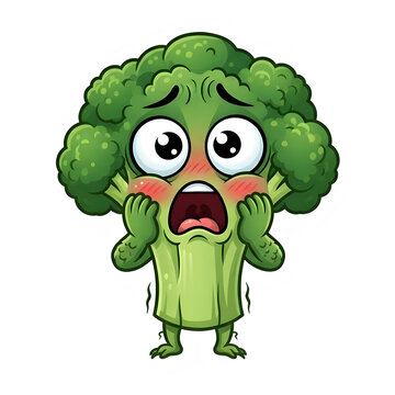 Scared cartoon broccoli character with a shocked facial expression.