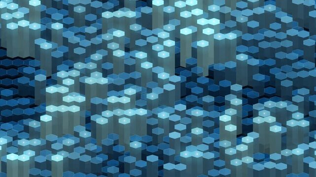 Cyan and blue abstract 3D hexagonal columns wave and glowing geometric pattern background, seamless loop