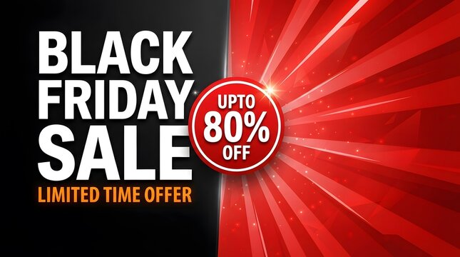 Black friday sale banner with red light rays and up to 80 percent off discount offer