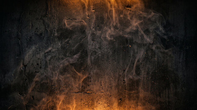 Atmospheric dark textured concrete background with subtle wisps of smoke and orange amber backlight, perfect for Halloween text overlay