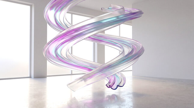 Abstract 3d render of a glowing iridescent spiral in white room