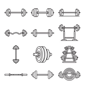 Various weightlifting barbells and dumbbells displayed on a white background in a clean graphic style
