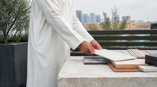 Architect in a white kandura inspecting tile and wood material samples on a rooftop terrace table.