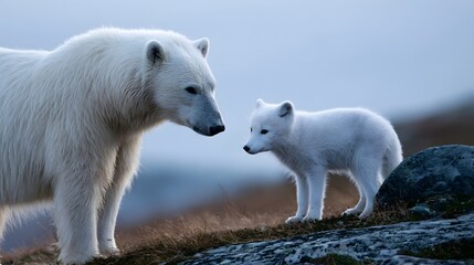 Fototapeta premium A large polar bear and a small white fox stand close together in a natural arctic landscape with soft lighting