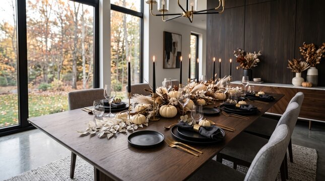 Thanksgiving dinner table setting with autumn floral centerpiece, candles, and pumpkins in modern dining room