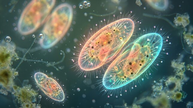 Colorful Protozoa and Paramecium-Like Microorganisms in Aquatic Microscopic Environment