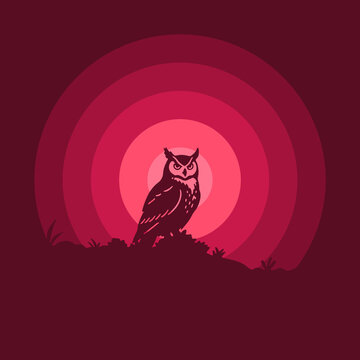 Aesthetic minimalist vector illustration of a owl silhouette walking outdoors in pink color background, perfect for wild nature concept design.