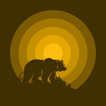 Aesthetic minimalist vector illustration of a grizzly bear silhouette walking outdoors against a glowing golden yellow sun concentric background, perfect for wild nature concept design.
