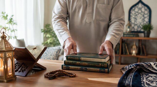 Muslim man placing a stack of Islamic books onto a wooden table indoors.