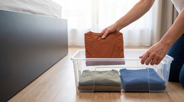 Adult packing folded clothes into a clear storage bin in a bright home interior