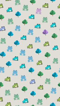 Seamless pattern of cartoon frogs and trees