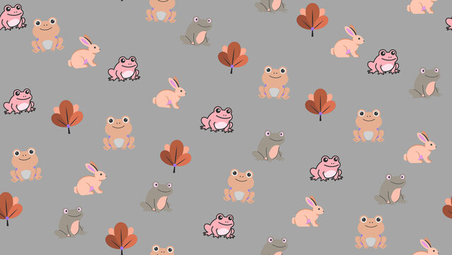 Cartoon frogs, rabbits, and leaves pattern