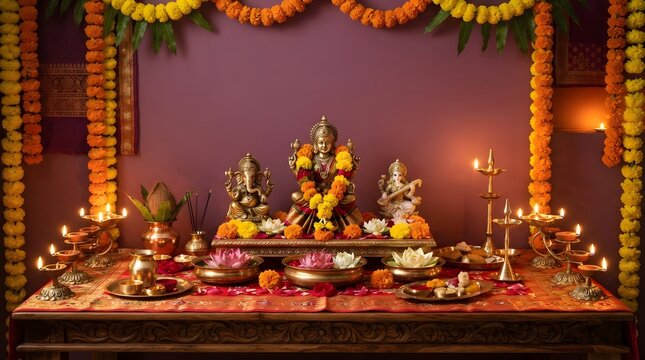 Beautifully decorated home altar with hindu deity statues and glowing oil lamps for a traditional religious festival